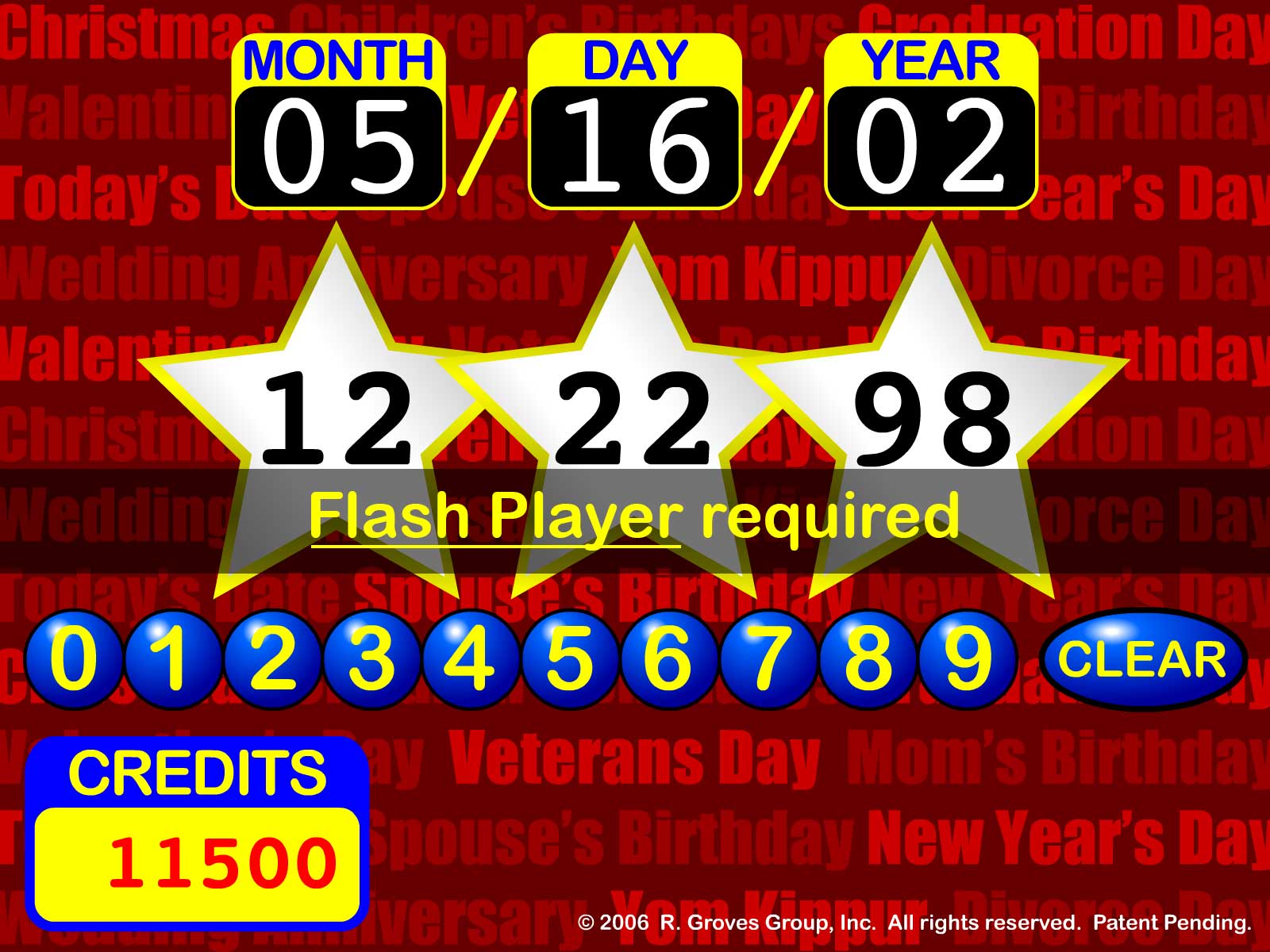 Casino slots game screenshot with month/day/year choices for three reels (install Flash to play)