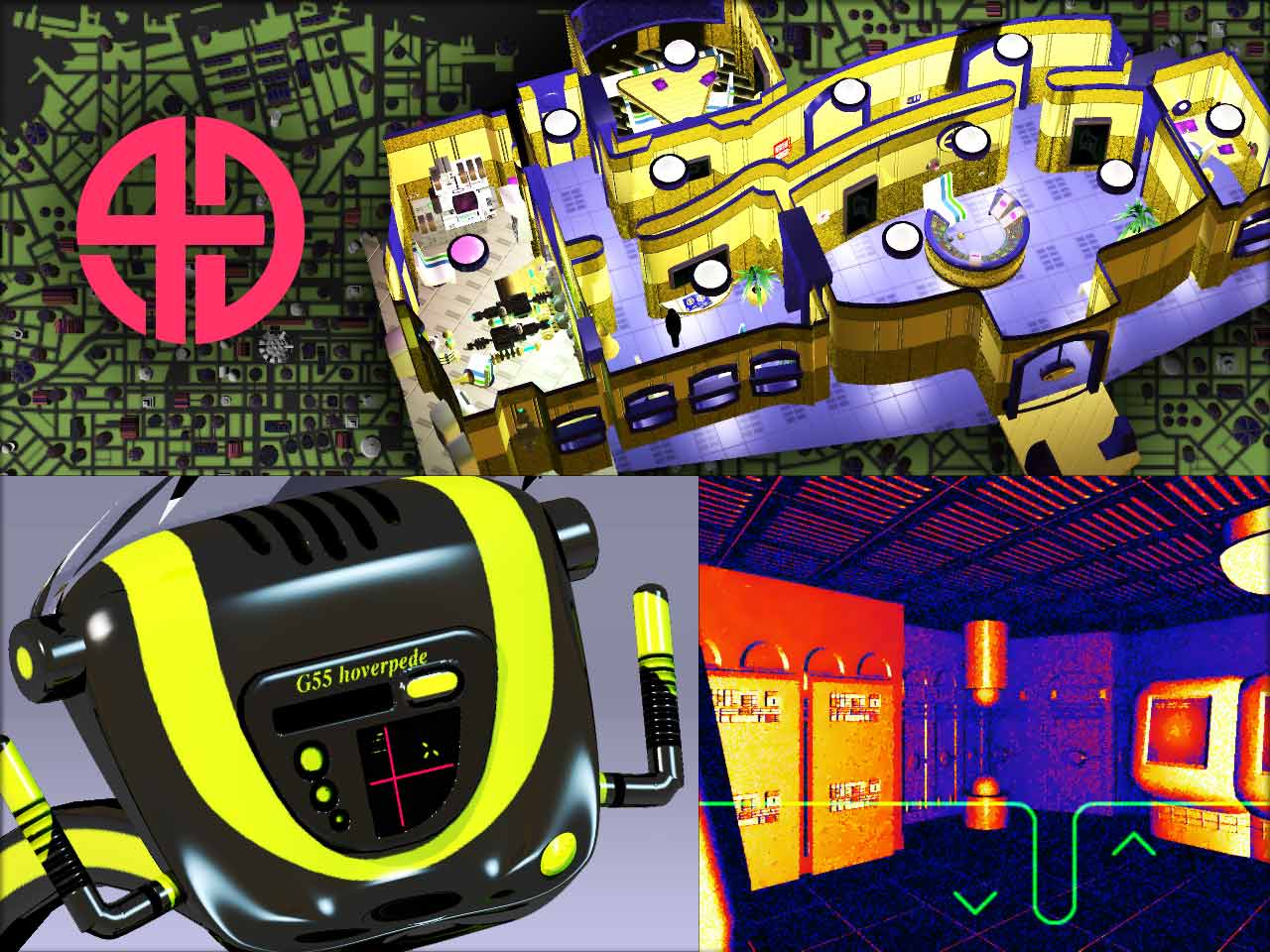 Collage of 4D game images: sci-fi enivironments and logo