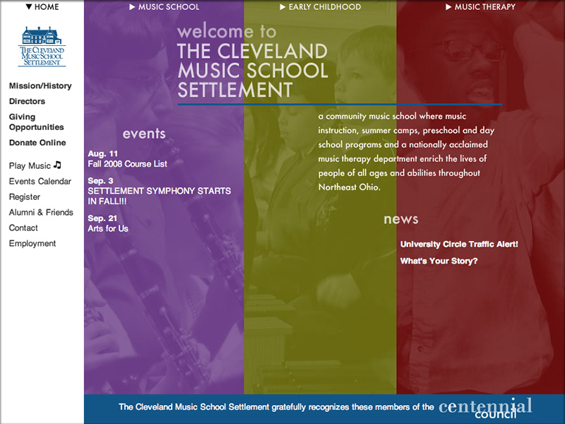 Website screenshot: The Cleveland Music School Settlement, with News and Events