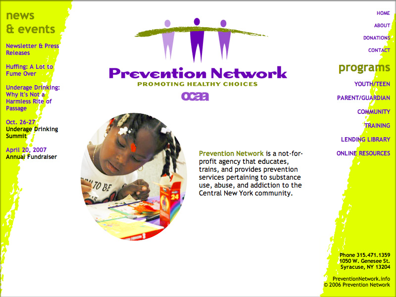 Website screenshot: Prevention Network with photo slideshow and news sidebar