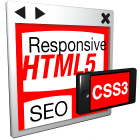 3D website window and smartphone/tablet, with web design labeled Responsive HTML5, SEO, CSS3