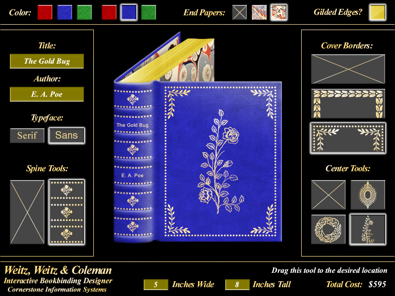Product simulation screenshot: Book Designer kiosk with cover color choices, gold design options, and editable dimensions