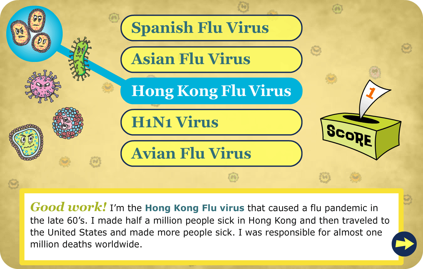 Screenshot: childrens' educational game with multiple-choice influenza types and facts