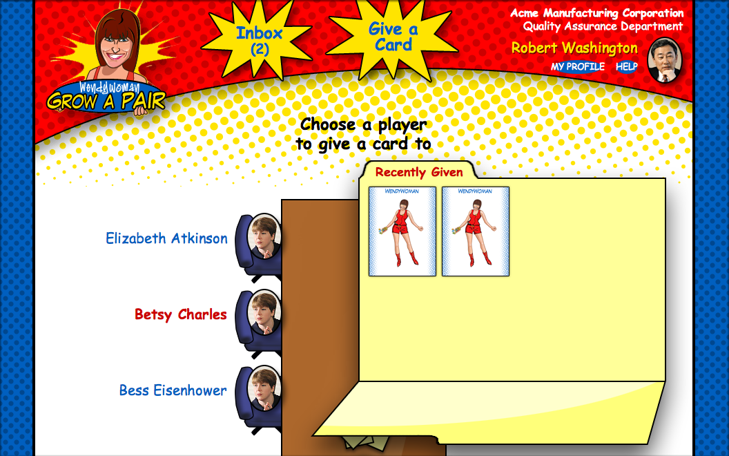 Training game screenshot: player avatars at conference table with folder of character cards