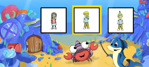 Screening activity with dolphin and crab cartoon characters