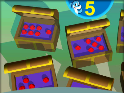 3D game for kids: undersea chests containing countable groups of jewels and coins
